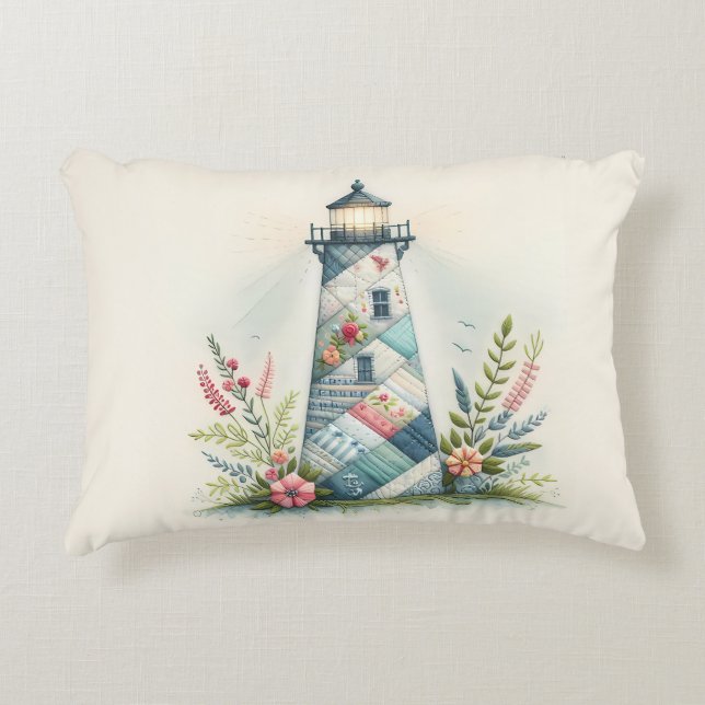 Patchwork Lighthouse Coastal Floral Scene Accent Pillow (Front)
