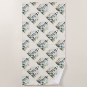 Patchwork Lighthouse Coastal Floral Scene Beach Towel