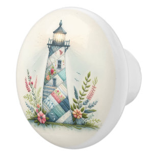 Patchwork Lighthouse Coastal Floral Scene Ceramic Knob