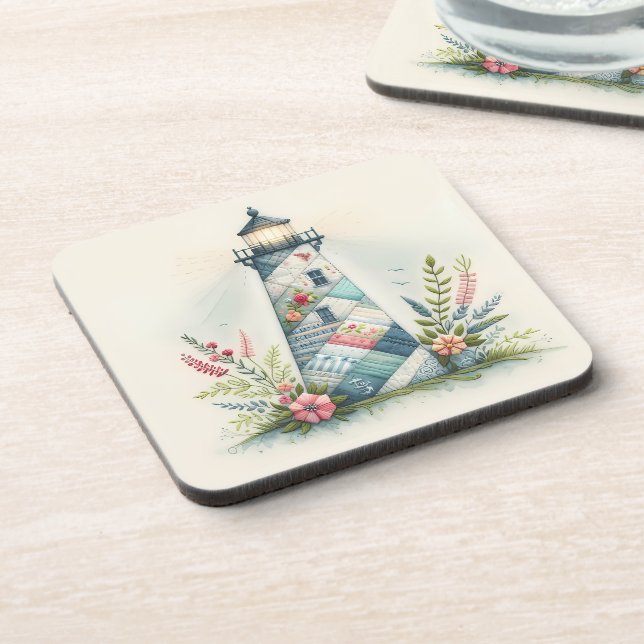 Patchwork Lighthouse Coastal Floral Scene Coaster (Left Side)