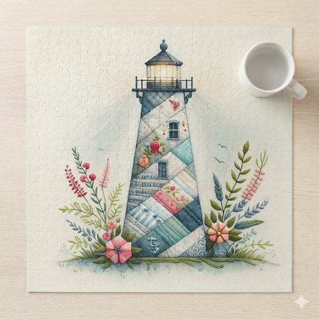 Patchwork Lighthouse Coastal Floral Scene Jigsaw Puzzle (Patchwork Lighthouse Coastal Floral Scene Jigsaw Puzzle)