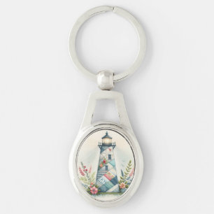 Patchwork Lighthouse Coastal Floral Scene Keychain