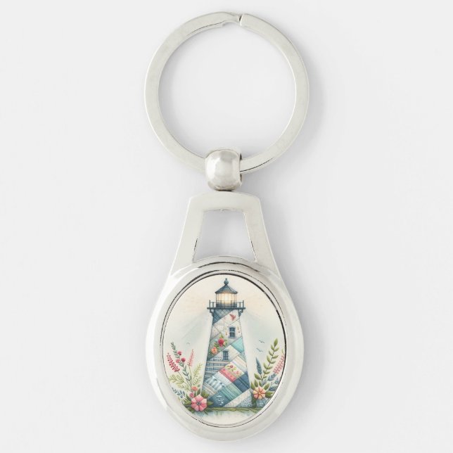 Patchwork Lighthouse Coastal Floral Scene Keychain (Front)