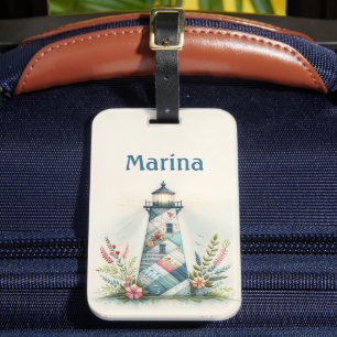 Patchwork Lighthouse Coastal Floral Scene Luggage Tag