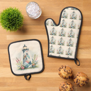 Patchwork Lighthouse Coastal Floral Scene Oven Mitt & Pot Holder Set