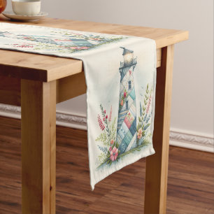 Patchwork Lighthouse Coastal Floral Scene Short Table Runner