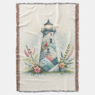 Patchwork Lighthouse Coastal Floral Scene Throw Blanket