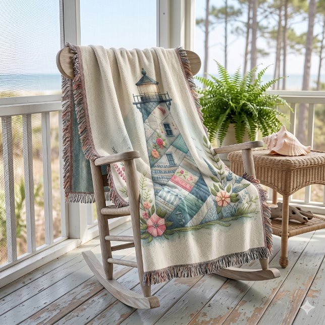 Patchwork Lighthouse Coastal Floral Scene Throw Blanket (Patchwork Lighthouse Coastal Floral Scene Throw Blanket)