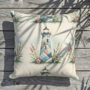 Patchwork Lighthouse Coastal Floral Scene Throw Pillow