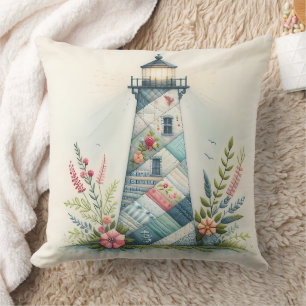 Patchwork Lighthouse Coastal Floral Scene Throw Pillow