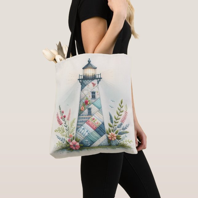 Patchwork Lighthouse Coastal Floral Scene Tote Bag (Close Up)