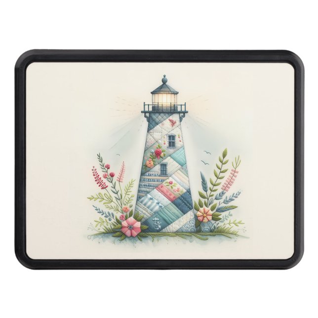 Patchwork Lighthouse Coastal Floral Scene Trailer Hitch Cover (Front)