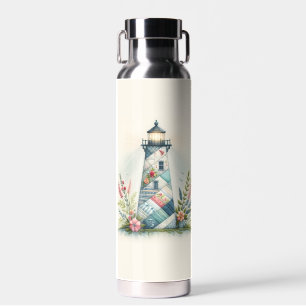 Patchwork Lighthouse Coastal Floral Scene Water Bottle