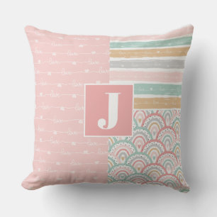 Patchwork Love Heart Rainbow Monogram Throw Pillow