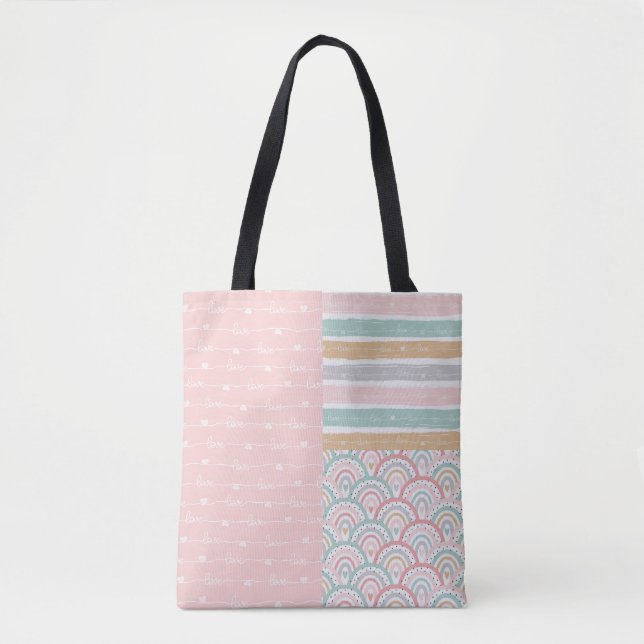 Patchwork Love Hearts Rainbow Pastel Tote Bag (Front)