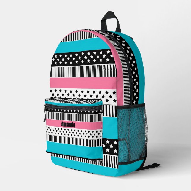 Patchwork made of multi-coloured strips of fabric  printed backpack (Back Corner Right)