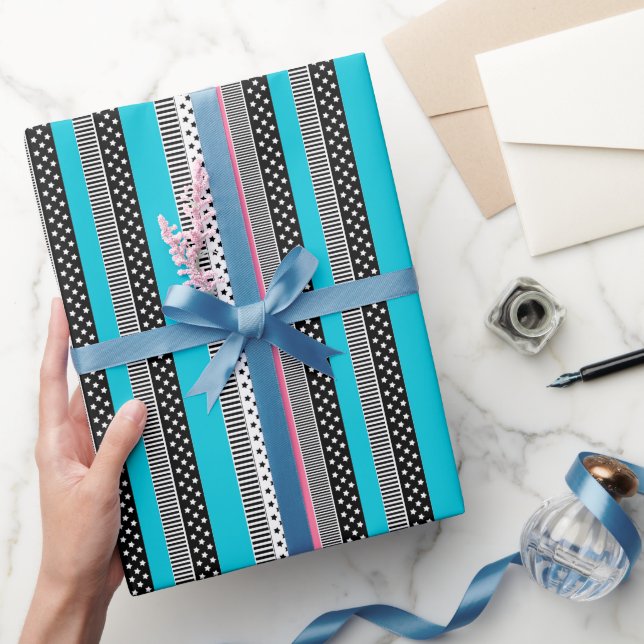 Patchwork made of multi-coloured strips of fabric  wrapping paper (Gifting)