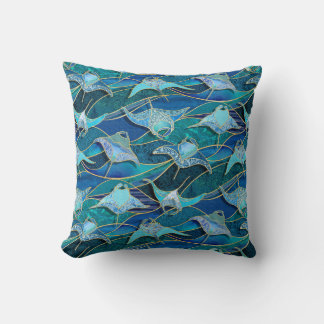 Patchwork Manta Rays in Sapphire Turquoise Blue Throw Pillow