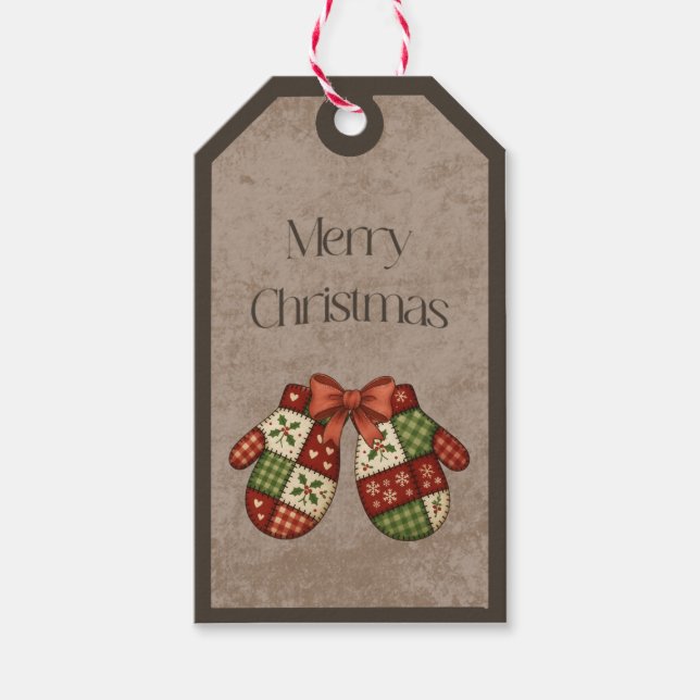 Patchwork Mittens in Christmas Colours Gift Tag (Front)