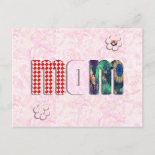 Patchwork "MOM" with Pink Roses Background Postcard
