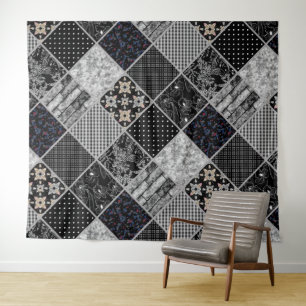Patchwork monochrom black grey white patchwork qui tapestry