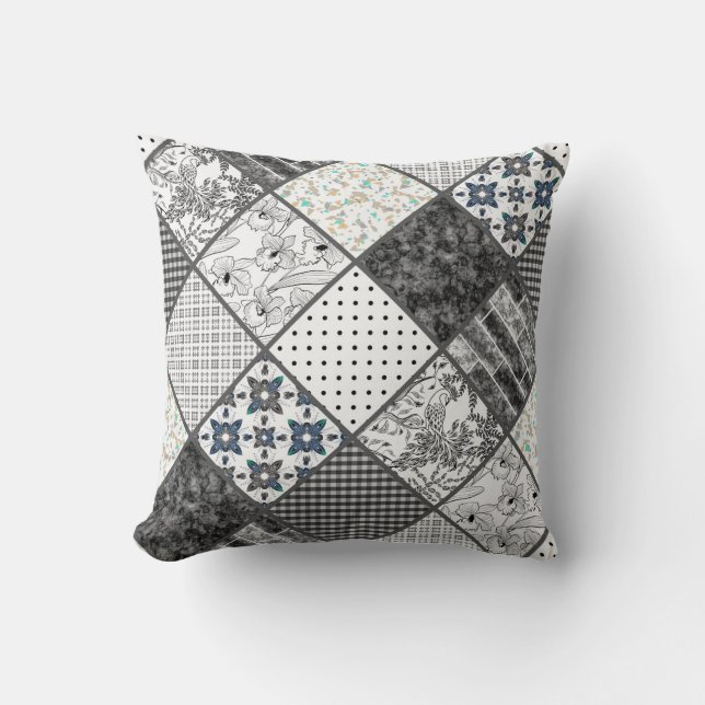 Patchwork monochrom black grey white patchwork qui throw pillow (Front)