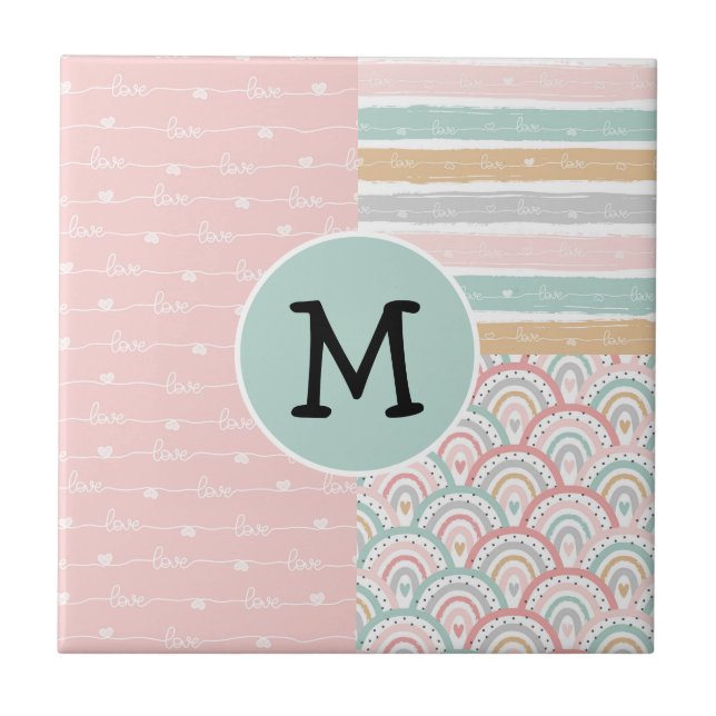 Patchwork Monogram Hearts Rainbow  Ceramic Tile (Front)