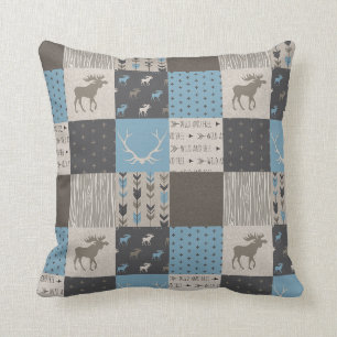 Patchwork Moose Woodland Pillow - Blue/Tan/Brown