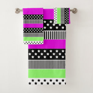 Patchwork of black and white and neon stripes  bath towel set