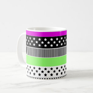 Patchwork of black and white and neon stripes  coffee mug
