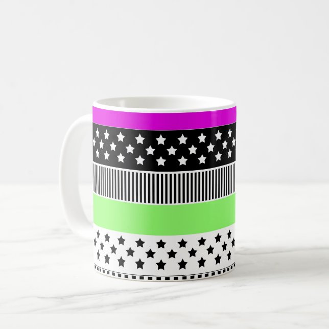 Patchwork of black and white and neon stripes  coffee mug (Front Left)