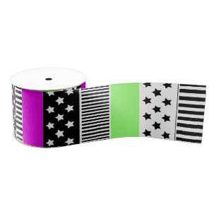 Patchwork of black and white and neon stripes grosgrain ribbon