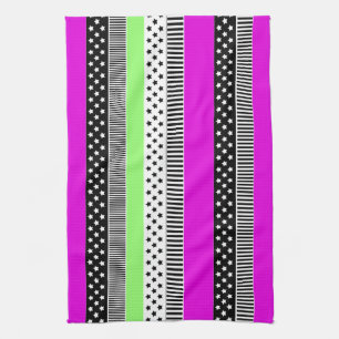 Patchwork of black and white and neon stripes  kitchen towel