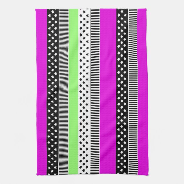 Patchwork of black and white and neon stripes  kitchen towel (Vertical)