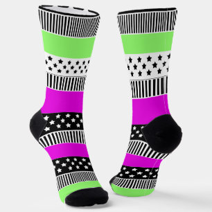 Patchwork of black and white and neon stripes  socks