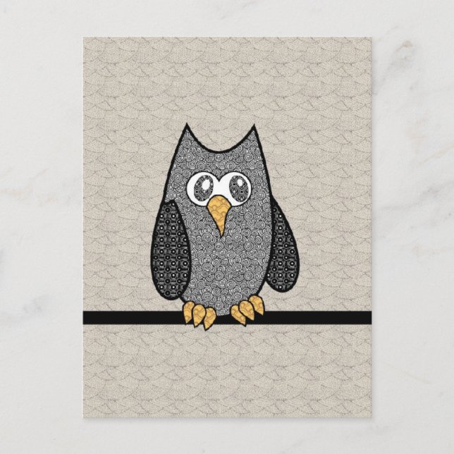 Patchwork Owl, Black and White with Tan Background Postcard (Front)
