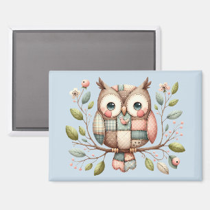 Patchwork Owl in Whimsical Woodland Magnet