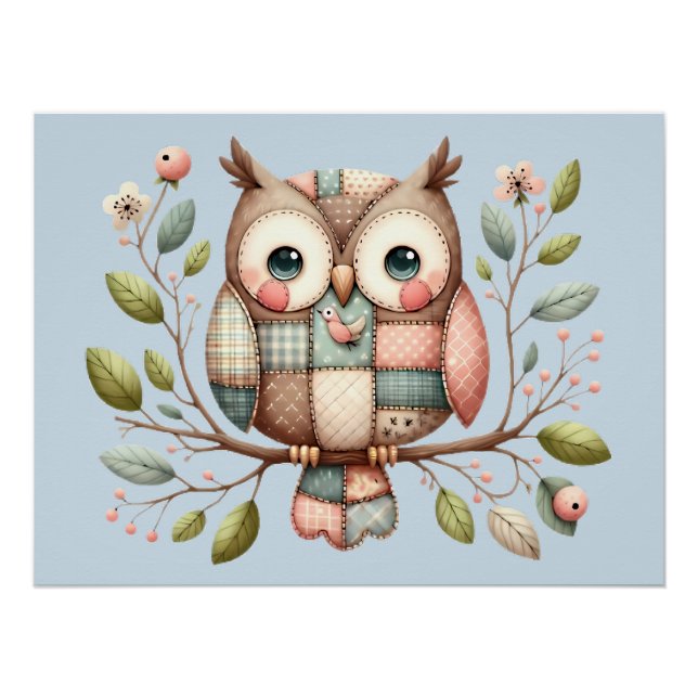 Patchwork Owl in Whimsical Woodland Poster (Front)