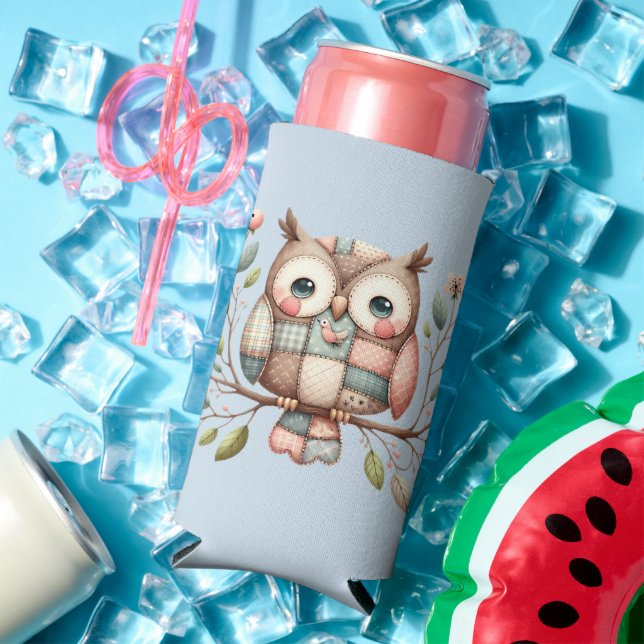Patchwork Owl in Whimsical Woodland Seltzer Can Cooler (In Situ Summer)