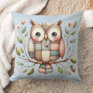 Patchwork Owl in Whimsical Woodland Throw Pillow