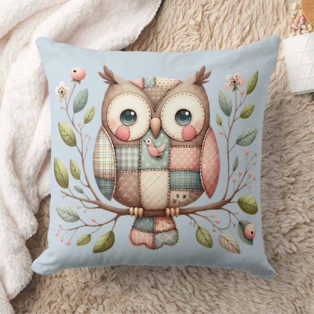 Patchwork Owl in Whimsical Woodland Throw Pillow (Blanket)