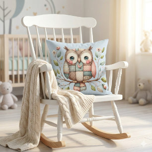 Patchwork Owl in Whimsical Woodland Throw Pillow