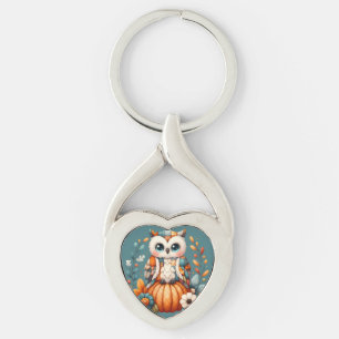 Patchwork Owl on Pumpkin — Cottagecore Fall Keychain