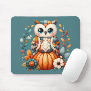 Patchwork Owl on Pumpkin — Cottagecore Fall Mouse Pad