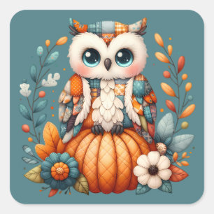 Patchwork Owl on Pumpkin — Cottagecore Fall Square Sticker