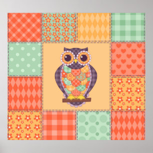 Patchwork Owl Vintage Seamless Pattern Poster
