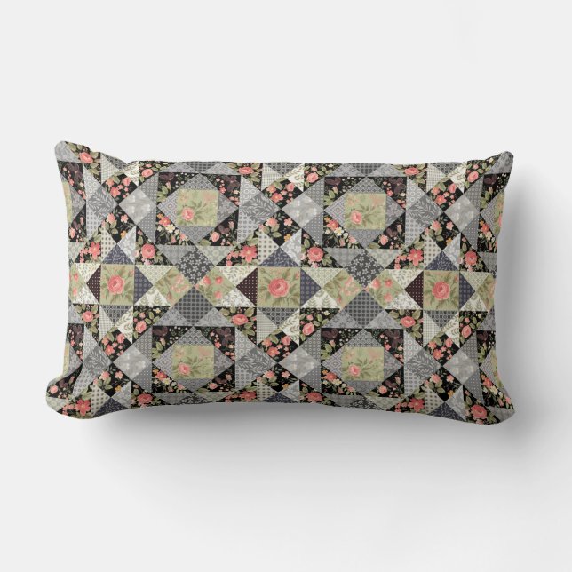 Patchwork Pattern Butterflies Flowers Foliage Rose Lumbar Pillow (Front)