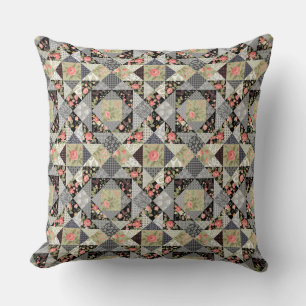 Patchwork Pattern Butterflies Flowers Foliage Rose Throw Pillow