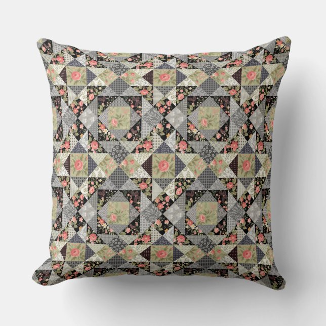Patchwork Pattern Butterflies Flowers Foliage Rose Throw Pillow (Front)