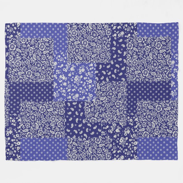 Patchwork Pattern Chintz Shades of Blue Polka Dot  Fleece Blanket (Front (Horizontal))